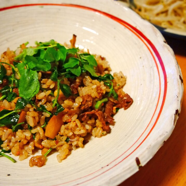 【ガッツリ食べよう！】クレソンと牛肉の炒飯